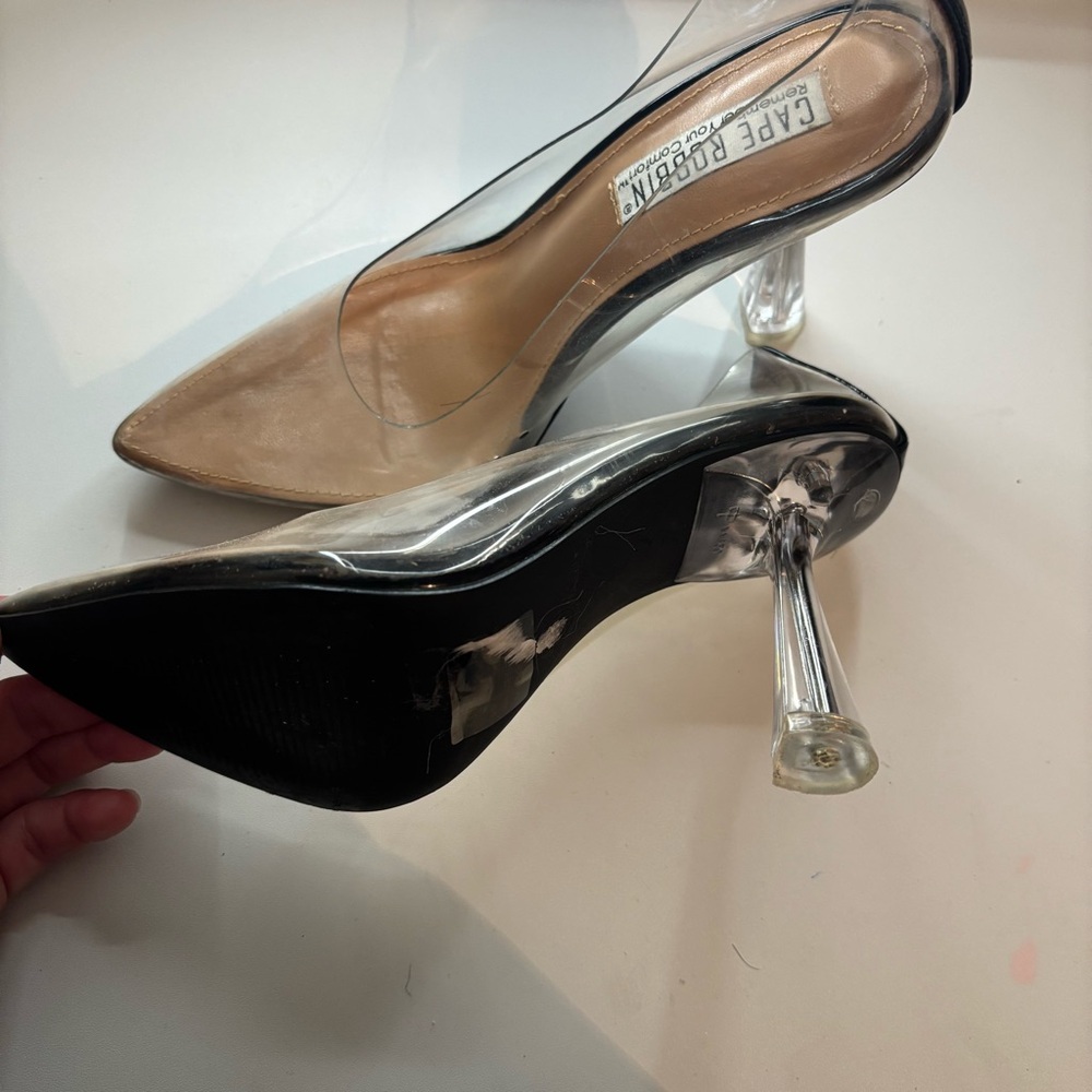 Cape Robin Clear and black kitten heel pumps